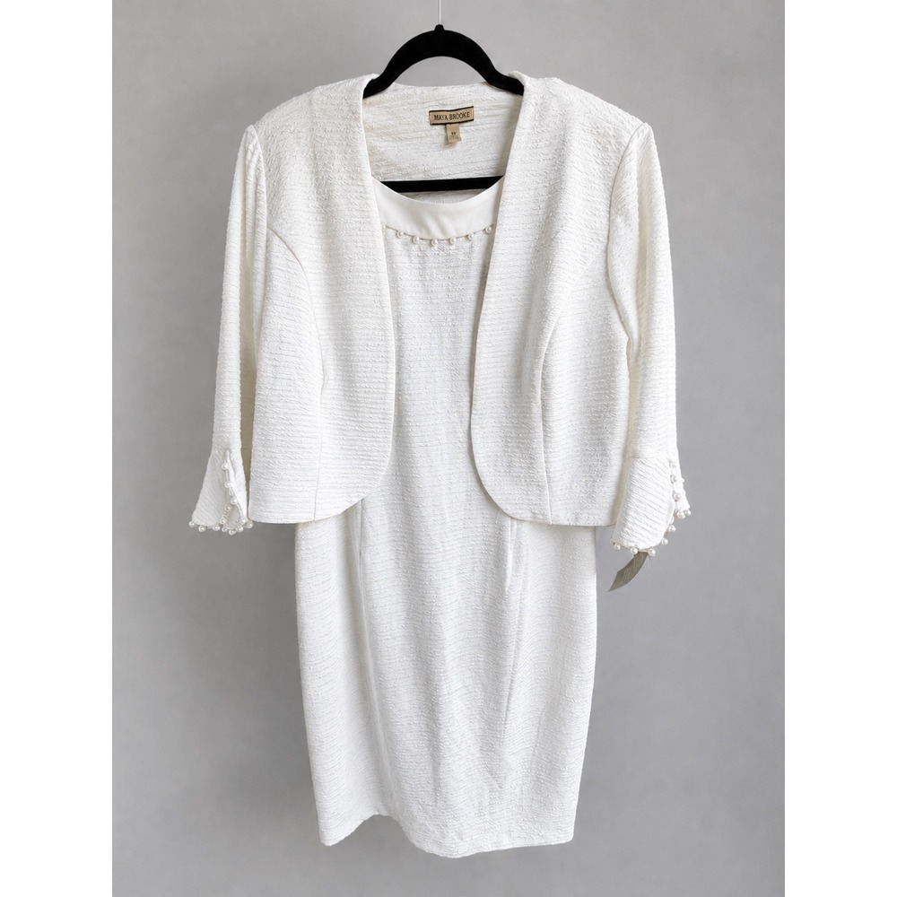 Maya Brooke White Textured Dress and Pearl Embellished Jacket Set Size 16 NWT